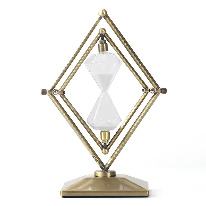 Glass sand timer with zinc alloy metal ornament base in bronze or silver with white or black sand