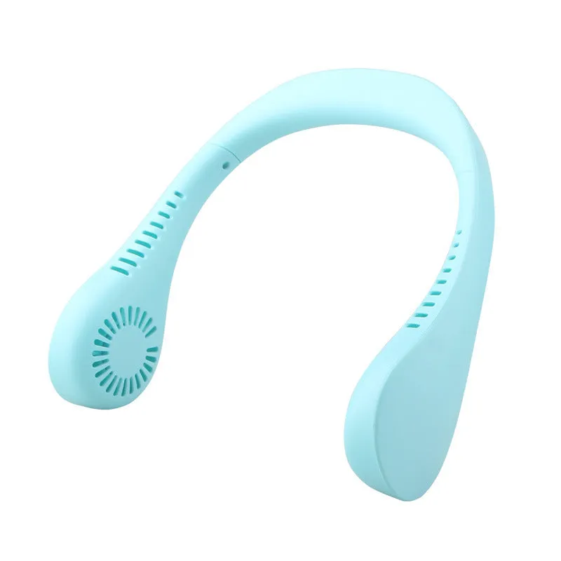 Summer Air USB rechargeable neck fan with three speeds in blue, worn around the neck