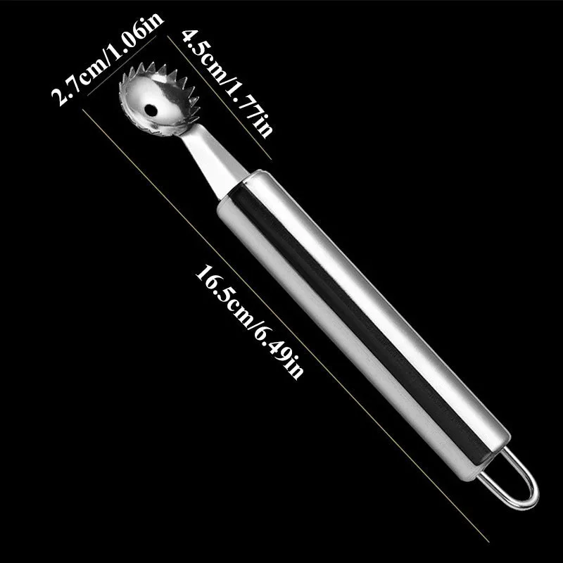 410 stainless steel strawberry stem remover on a light background, showing handheld design