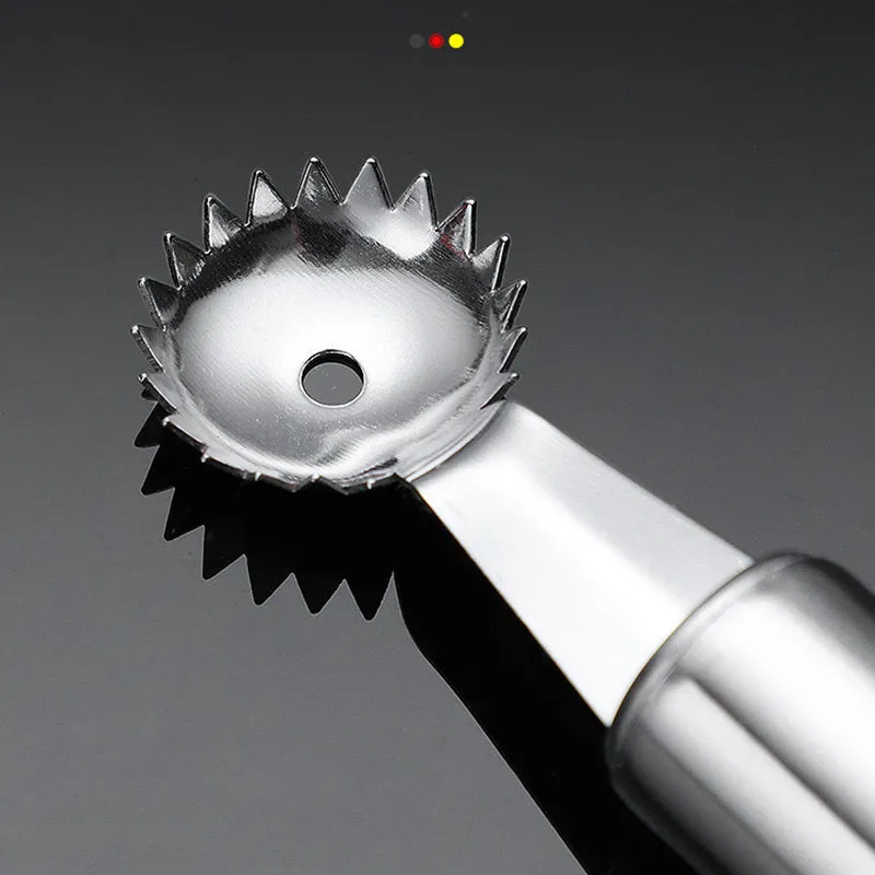 410 stainless steel strawberry stem remover on a light background, showing handheld design