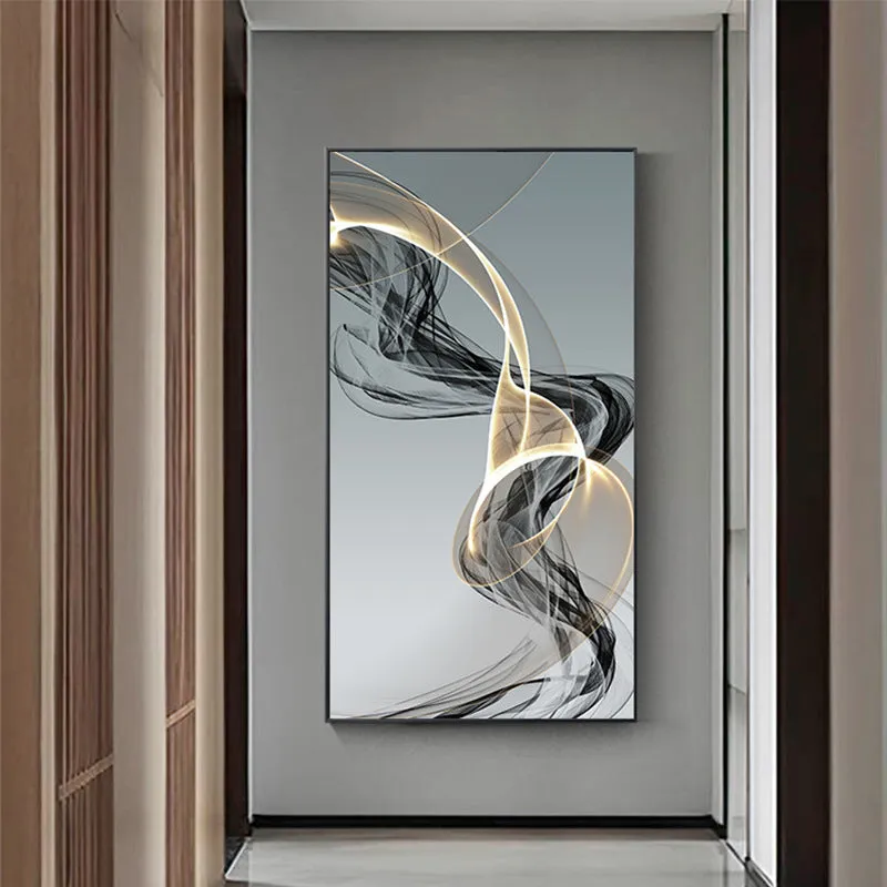 Modern frameless canvas print with black and yellow geometric abstract lines on a rectangular canvas