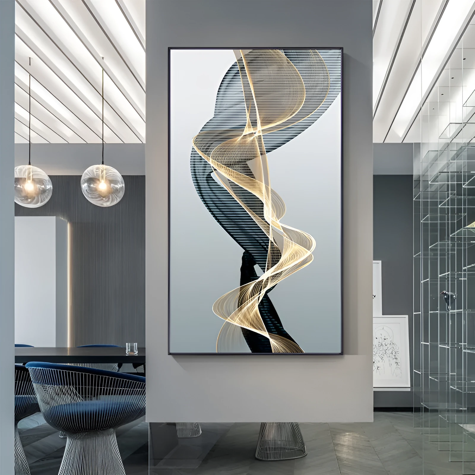 Modern frameless canvas print with black and yellow geometric abstract lines on a rectangular canvas