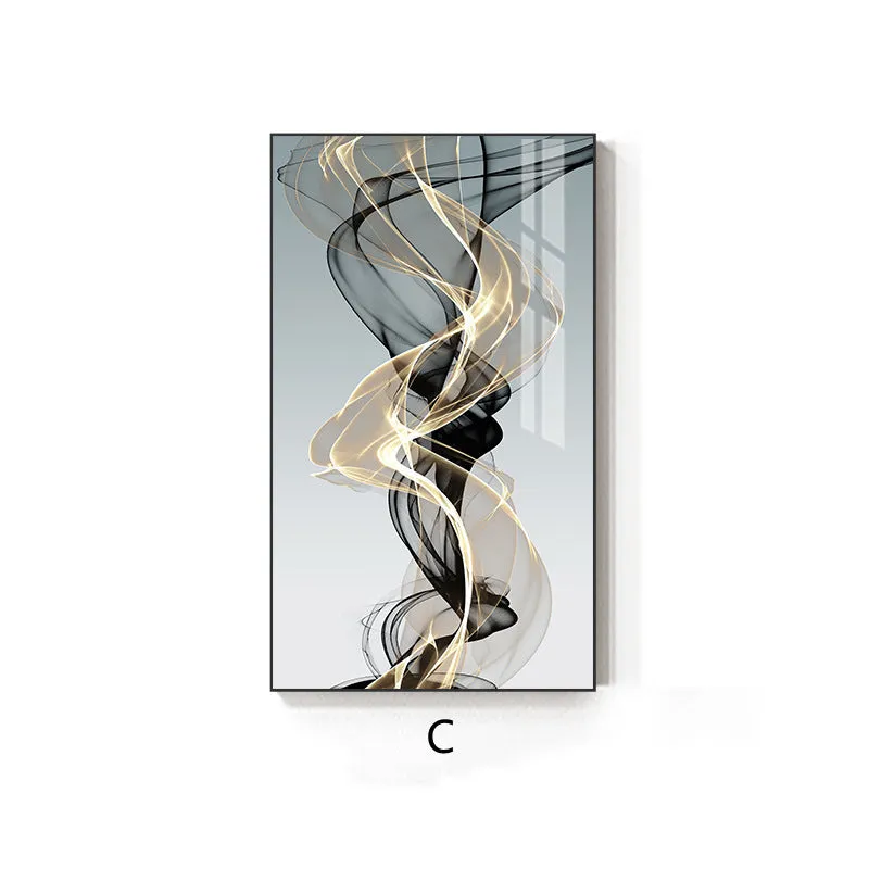 Modern frameless canvas print with black and yellow geometric abstract lines on a rectangular canvas