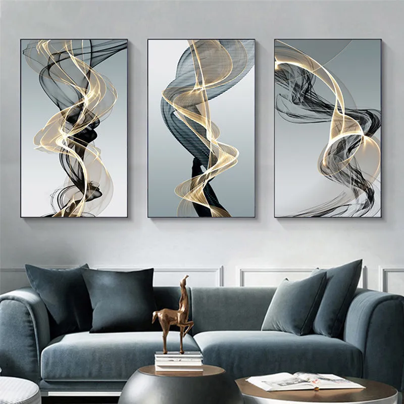 Modern frameless canvas print with black and yellow geometric abstract lines on a rectangular canvas