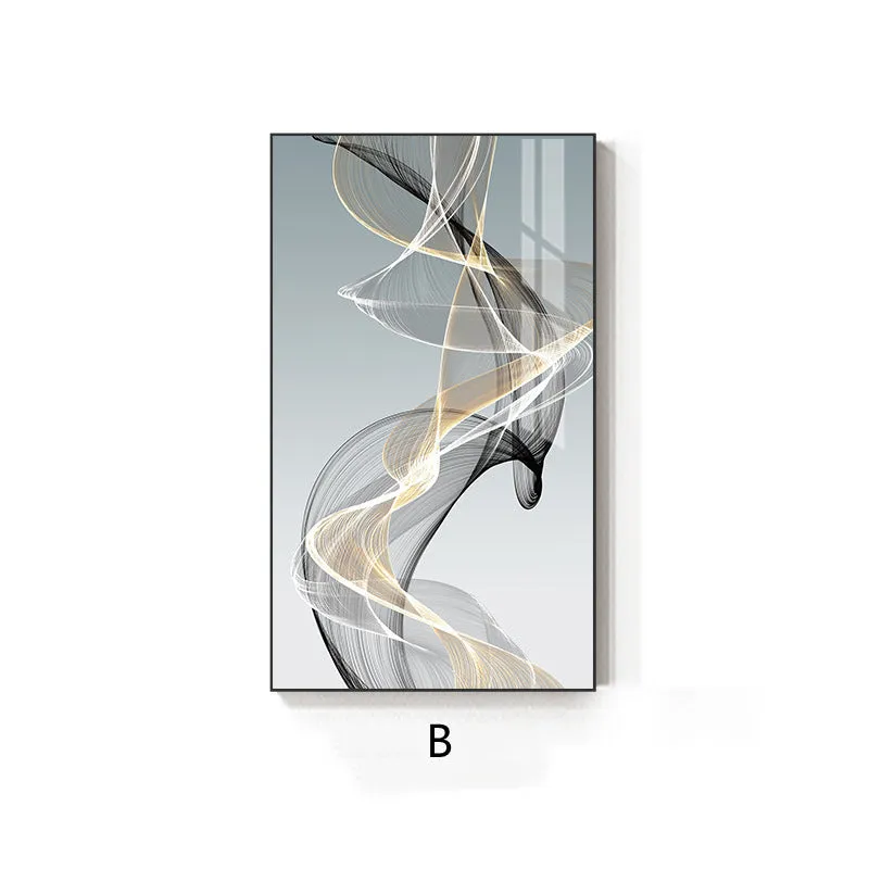 Modern frameless canvas print with black and yellow geometric abstract lines on a rectangular canvas