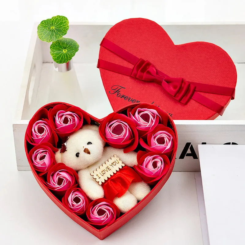 Handmade soap flower rose gift box in bear shape, pink and red colour option with ribbon on gift box
