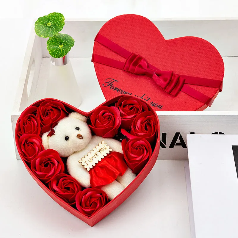 Handmade soap flower rose gift box in bear shape, pink and red colour option with ribbon on gift box