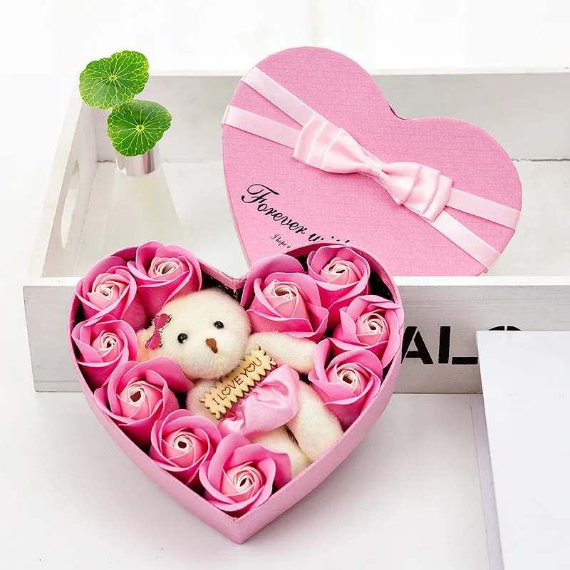 Handmade soap flower rose gift box in bear shape, pink and red colour option with ribbon on gift box