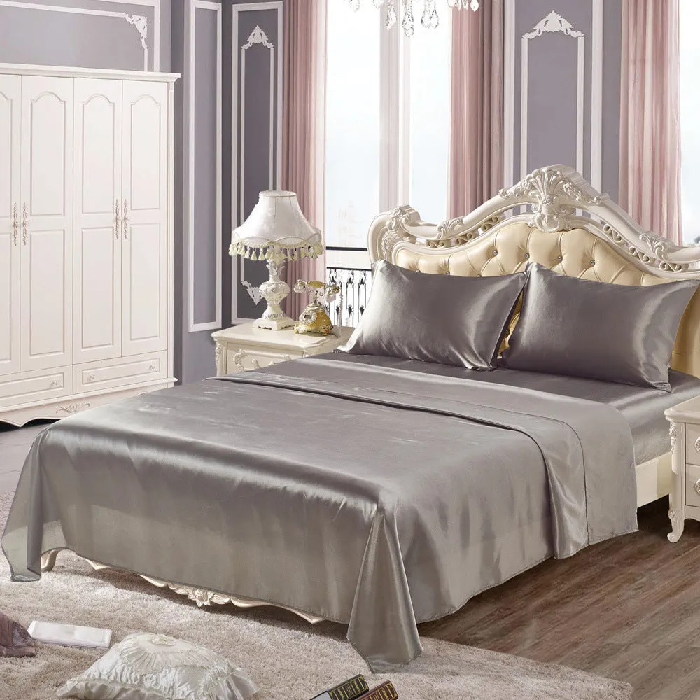 Imitation silk bedding set in four pieces with brushed polyester finish, available in multiple colours and sizes