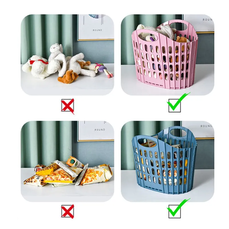 Blue plastic folding mesh dirty laundry basket shown in open position