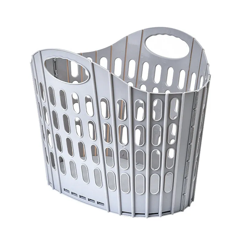 Blue plastic folding mesh dirty laundry basket shown in open position