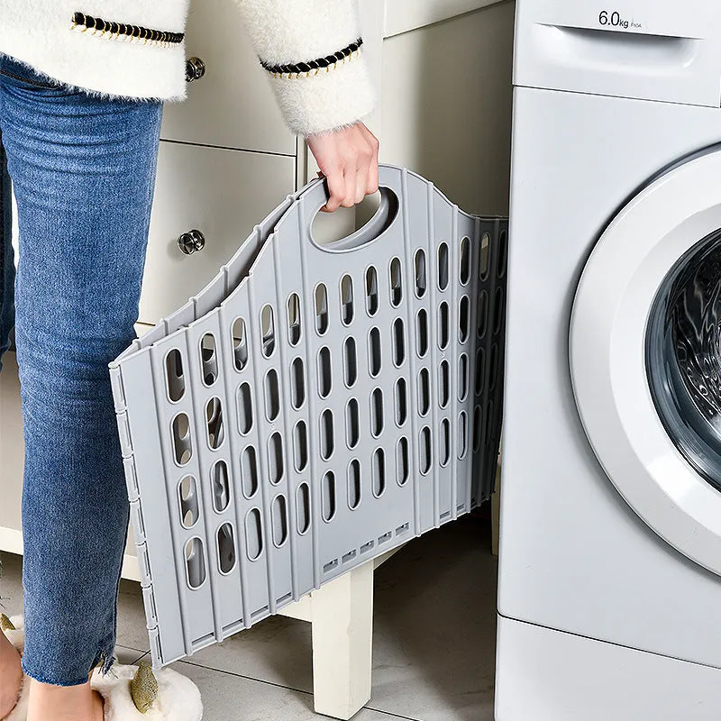 Blue plastic folding mesh dirty laundry basket shown in open position