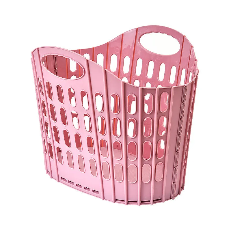 Blue plastic folding mesh dirty laundry basket shown in open position