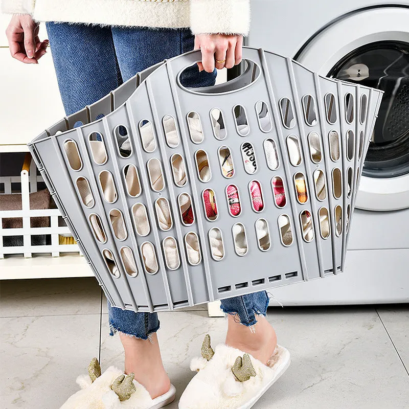 Blue plastic folding mesh dirty laundry basket shown in open position