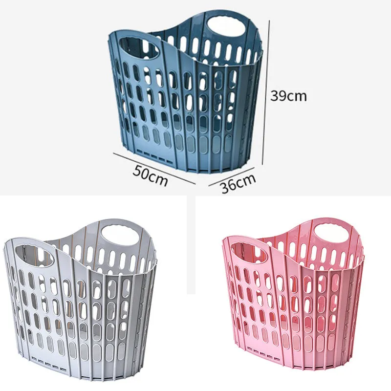 Blue plastic folding mesh dirty laundry basket shown in open position