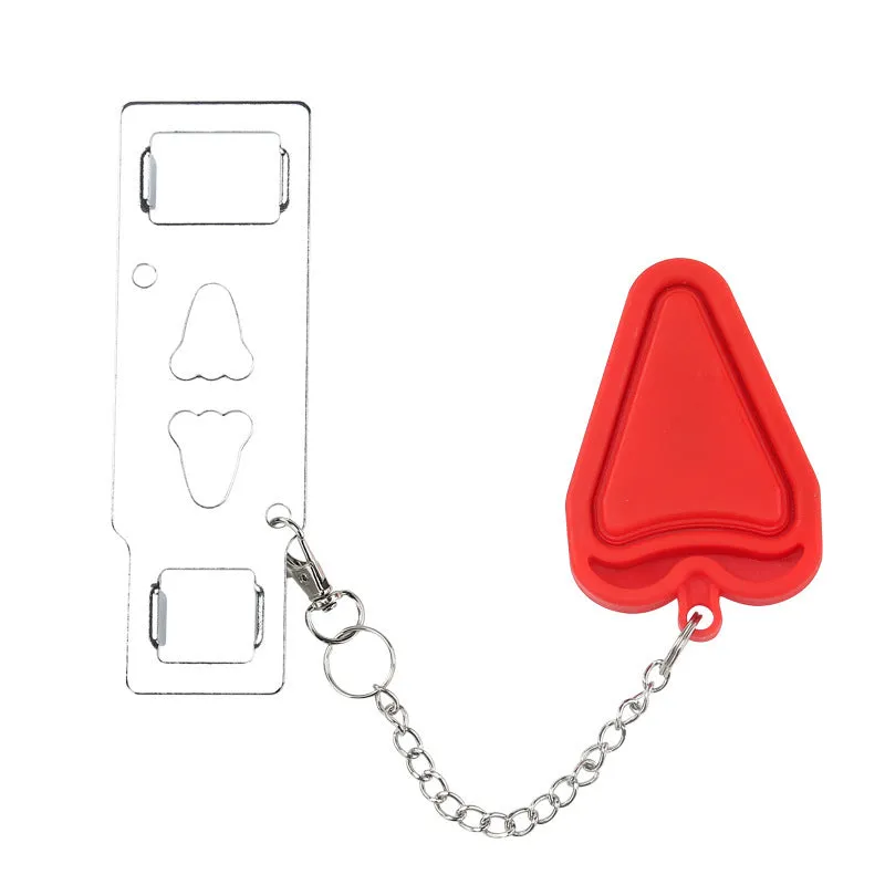 Red portable door safety latch lock with chrome-plated metal piece installed on a wooden door jamb