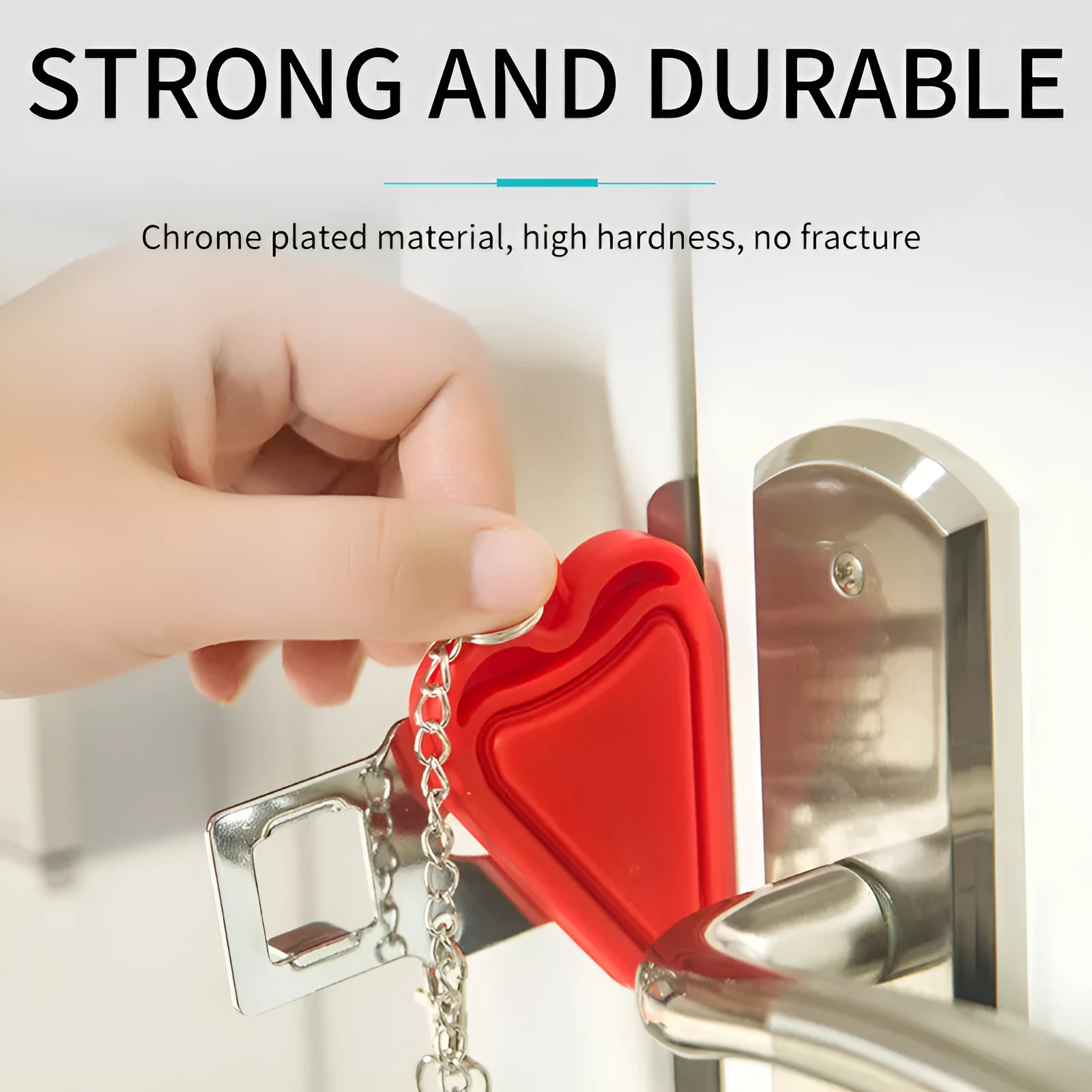 Red portable door safety latch lock with chrome-plated metal piece installed on a wooden door jamb