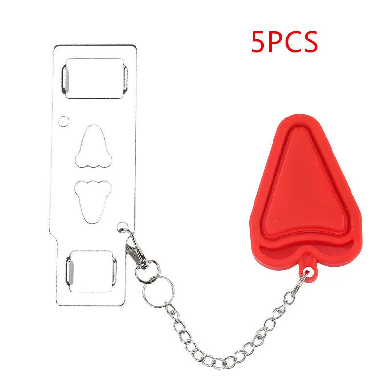 Red portable door safety latch lock with chrome-plated metal piece installed on a wooden door jamb