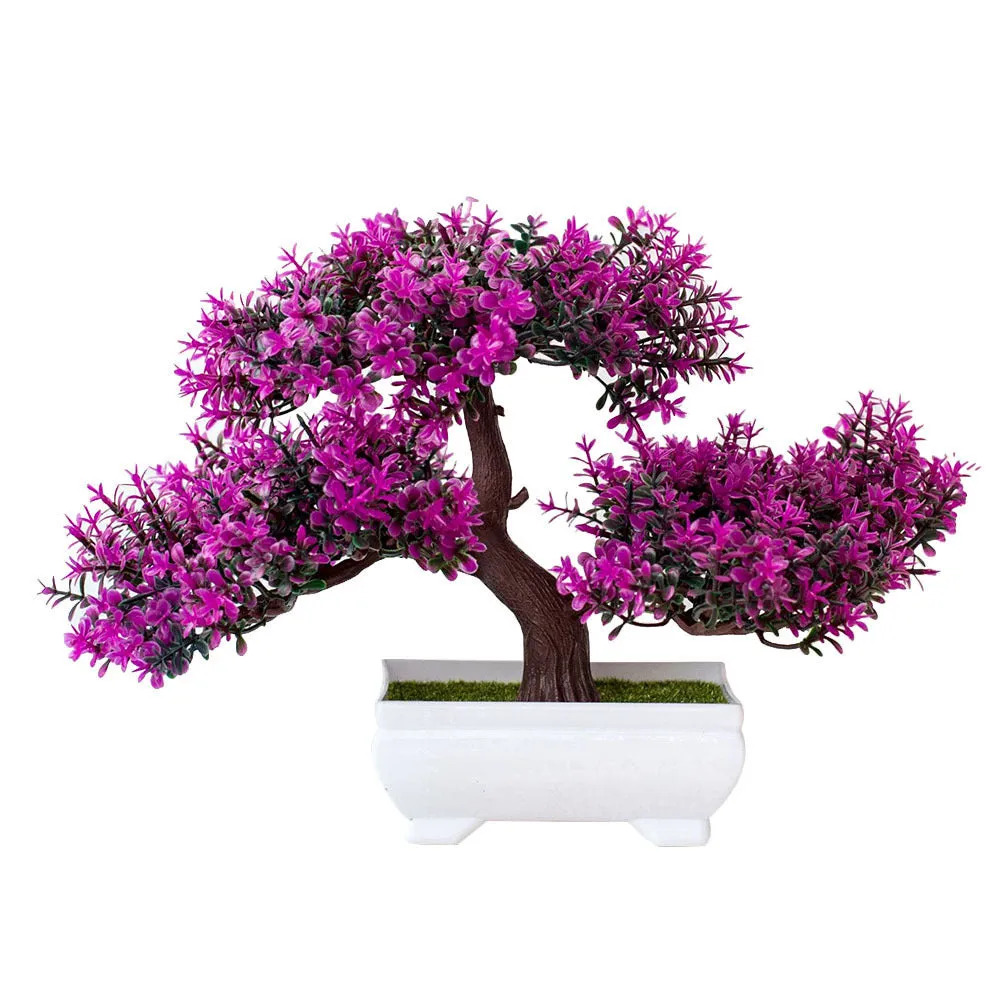 Artificial plastic flower bouquet in bonsai potted plant style with pink and white blooms