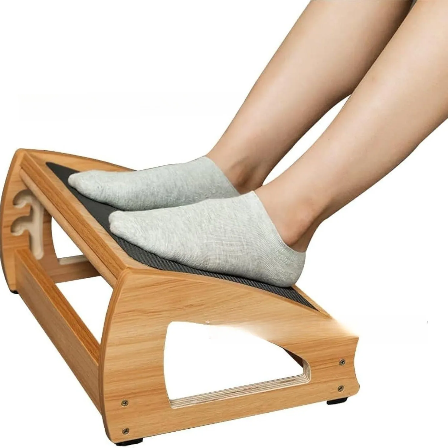 Wood-colour adjustable bamboo office desk footstool in a modern simplicity design.