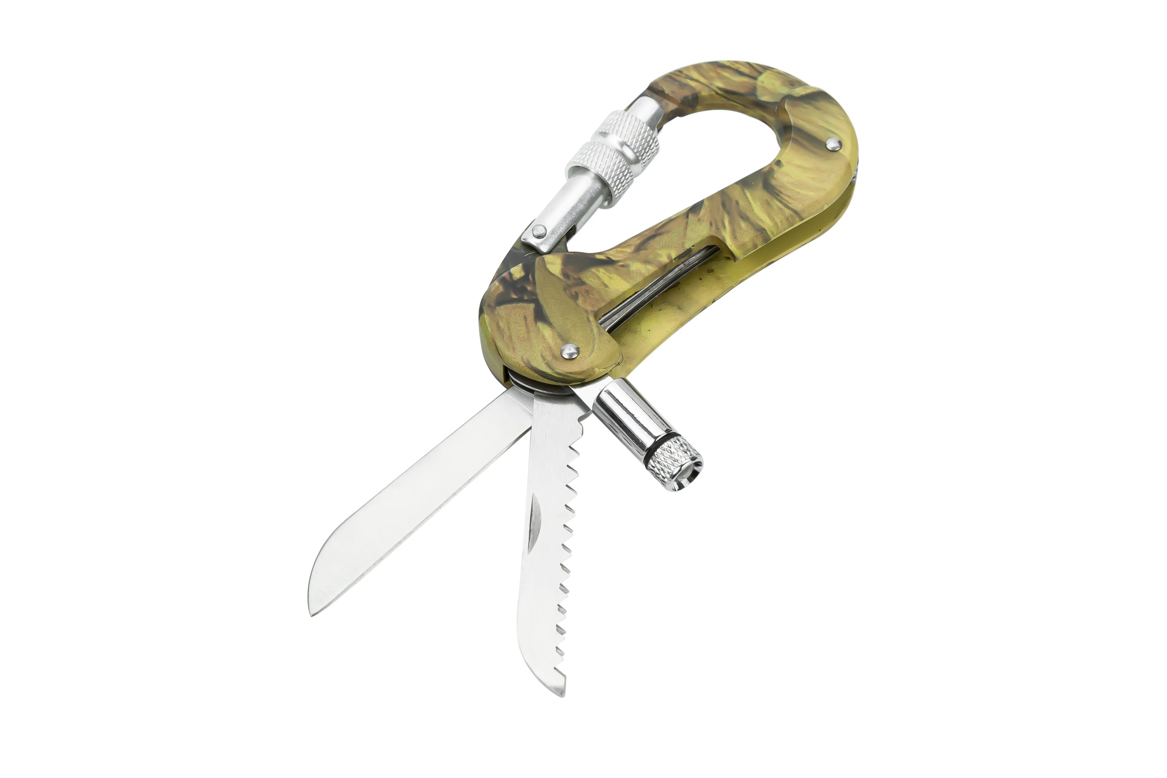 Camouflage multifunctional carabiner with knife, saw, and LED light on a black background
