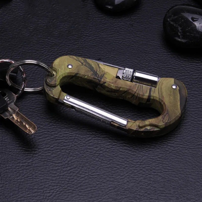 Camouflage multifunctional carabiner with knife, saw, and LED light on a black background