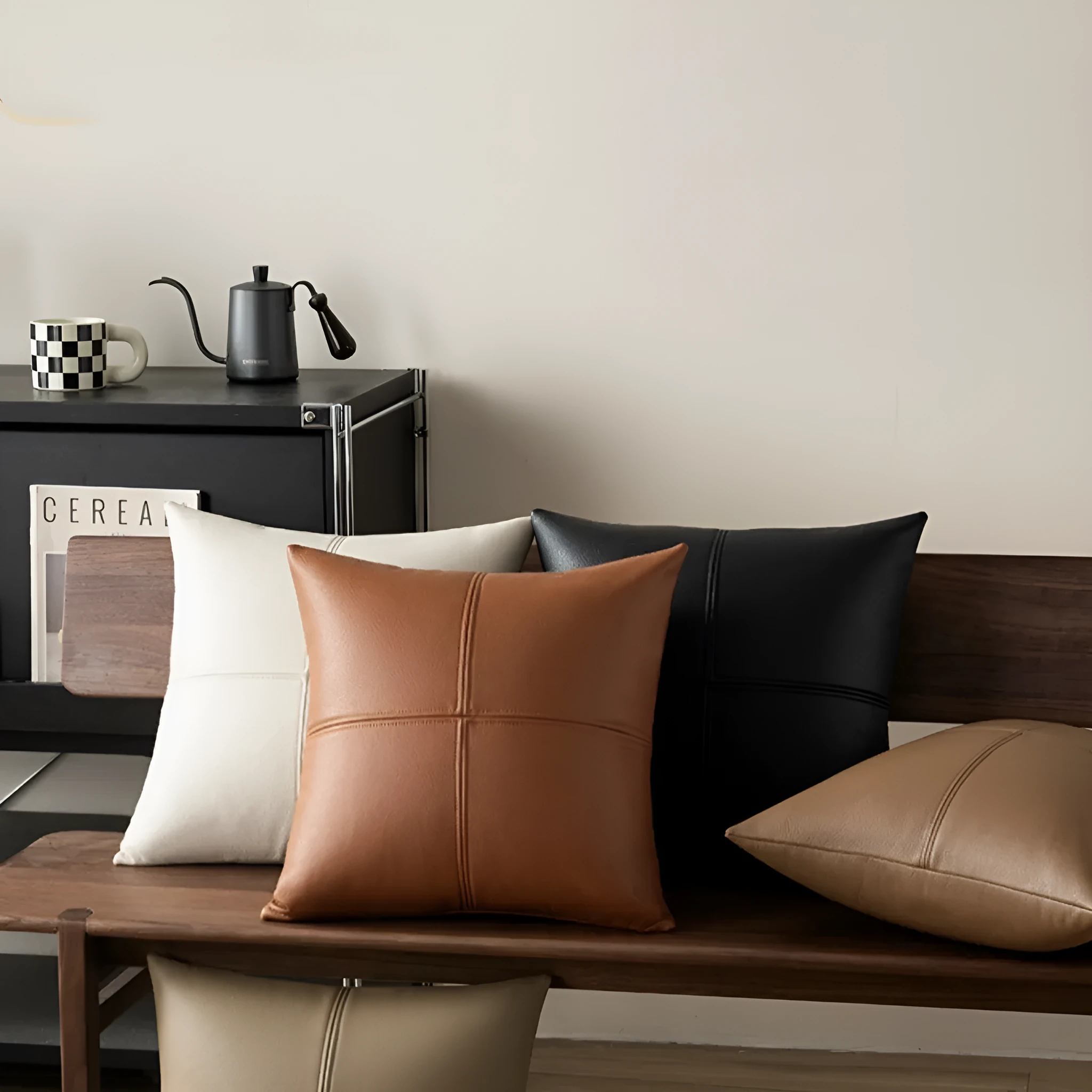 Solid colour soft cowhide leather pillow cover in a Nordic style, shown in a neutral tone.