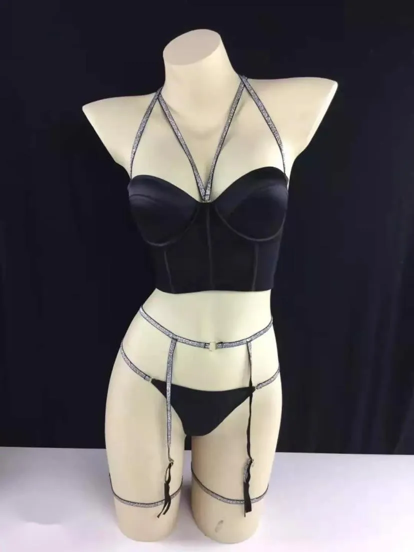 Three-point garter set in polyester fabric, black and white colours, sizes S M L XL for women