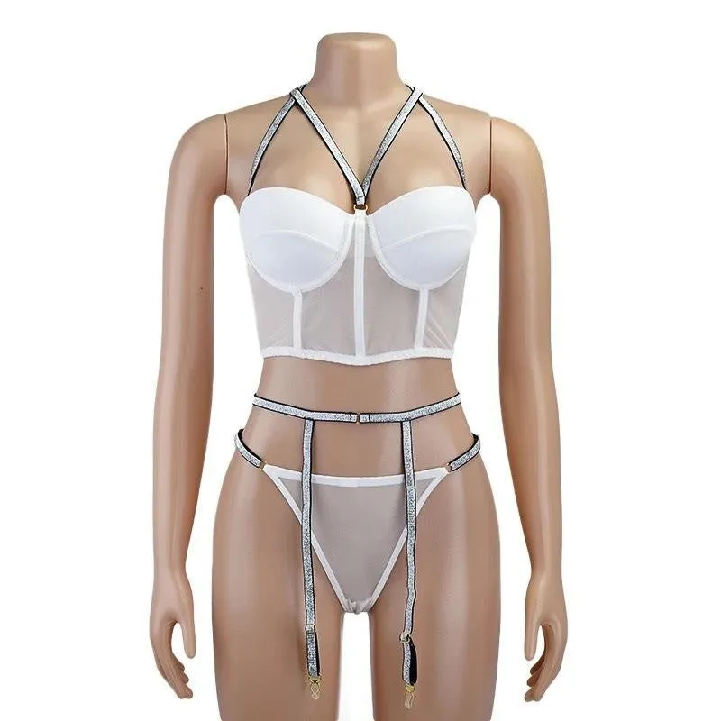 Three-point garter set in polyester fabric, black and white colours, sizes S M L XL for women