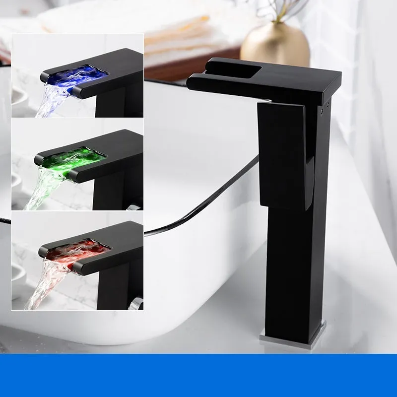 Waterfall basin faucet with chrome finish and induction sensor for hands-free bathroom use
