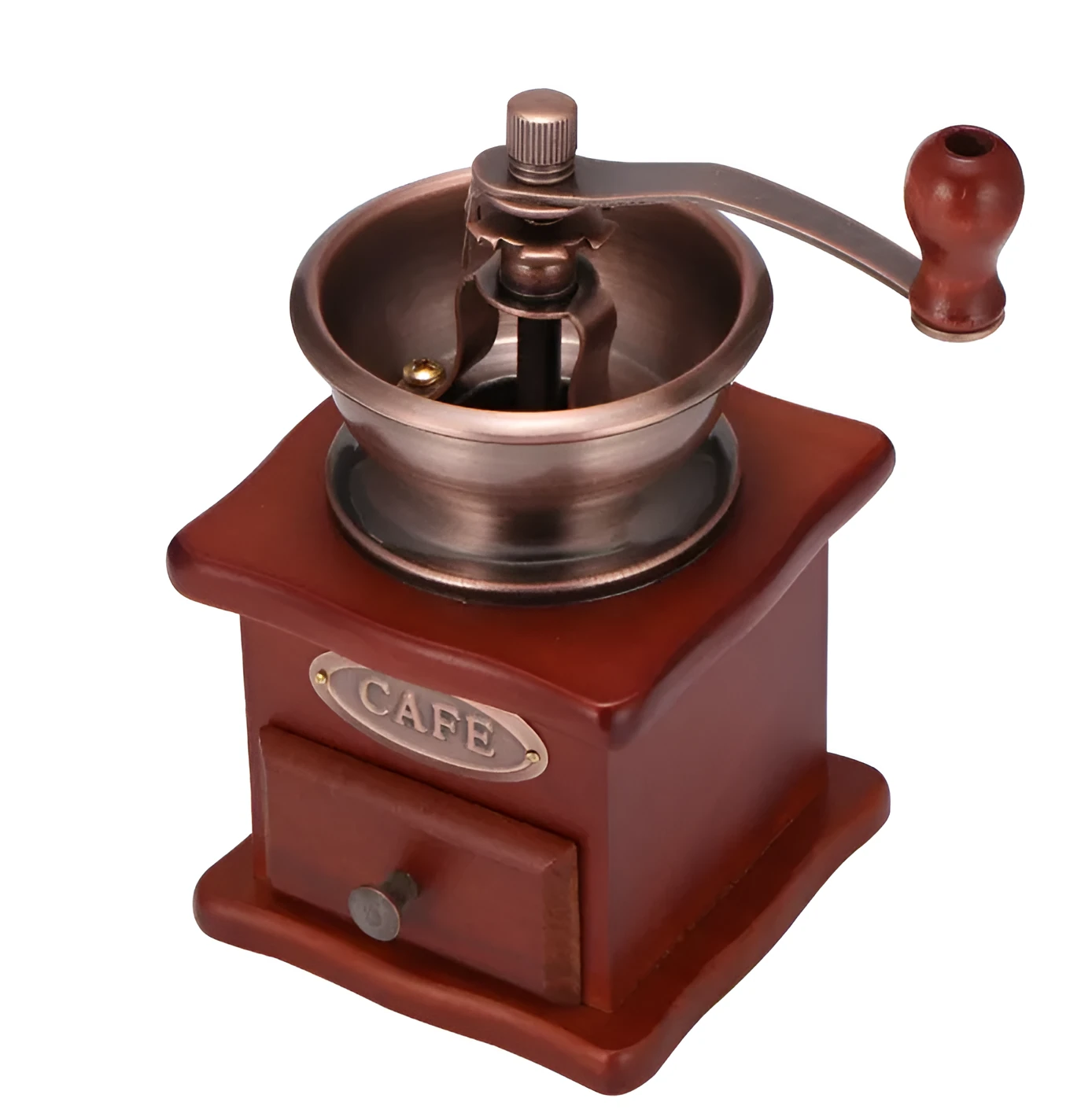 Red manual coffee grinder with ceramic burr and cast iron handle, 10x10x17cm, on a wooden surface