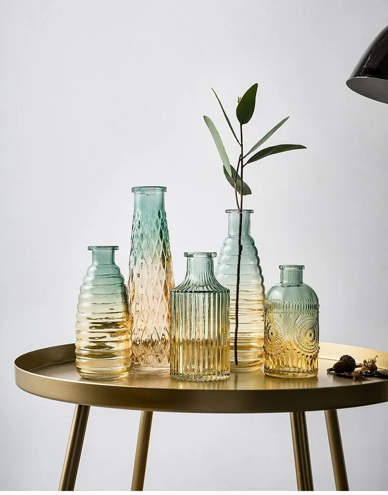 Colourful electroplated glass vase with thicker bottom, transparent finish, and bright gloss. Available in multiple sizes for home or hydroponic use.