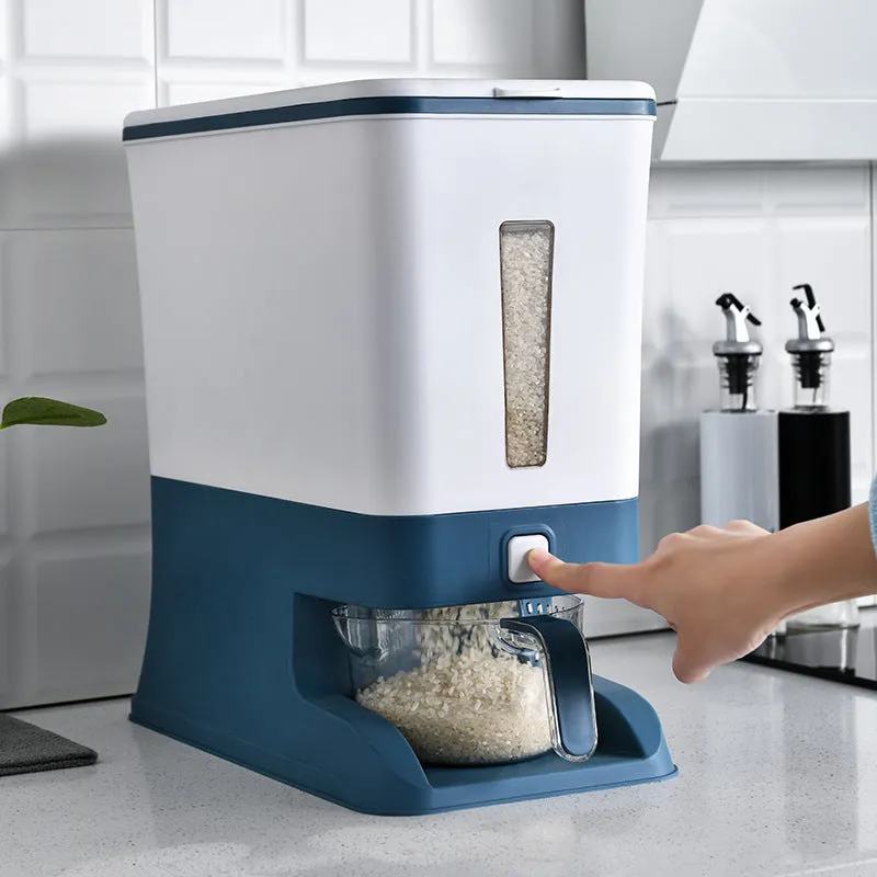 A polypropylene rice bucket with a metering lid on a kitchen countertop, available in black, blue, or grey colours with 5–6L capacity.