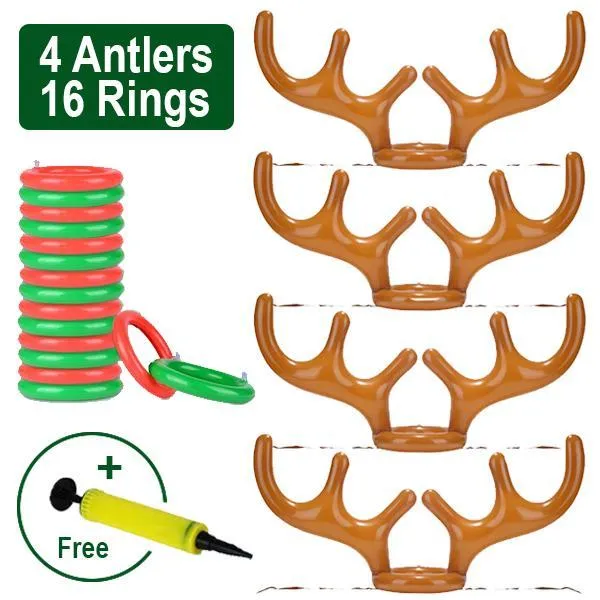 Inflatable reindeer antler hat ring toss game set with green and red rings on a blue background