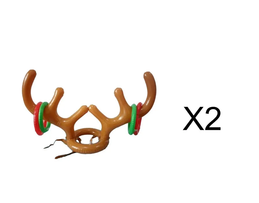 Inflatable reindeer antler hat ring toss game set with green and red rings on a blue background