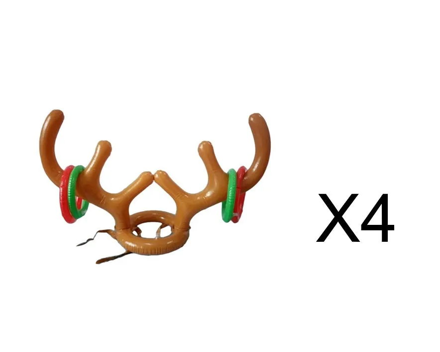 Inflatable reindeer antler hat ring toss game set with green and red rings on a blue background