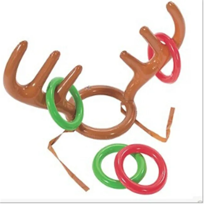 Inflatable reindeer antler hat ring toss game set with green and red rings on a blue background