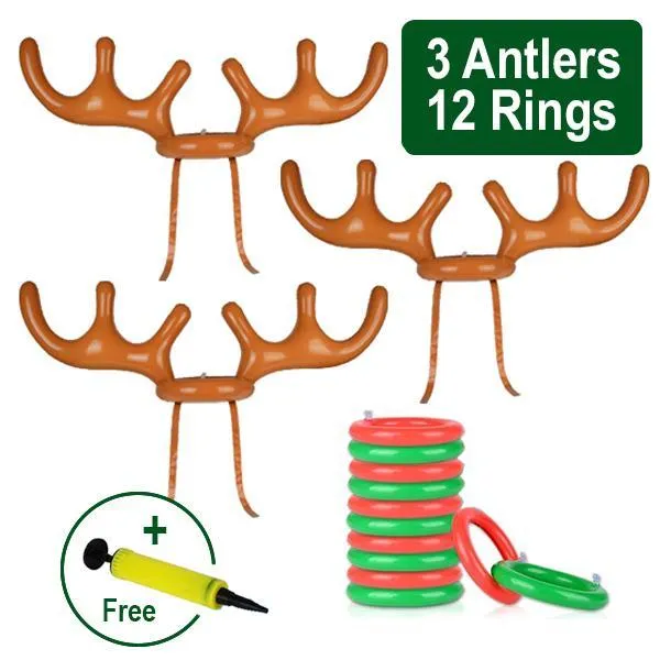 Inflatable reindeer antler hat ring toss game set with green and red rings on a blue background