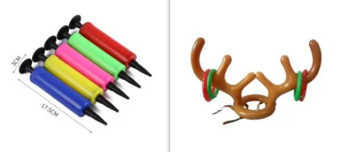 Inflatable reindeer antler hat ring toss game set with green and red rings on a blue background