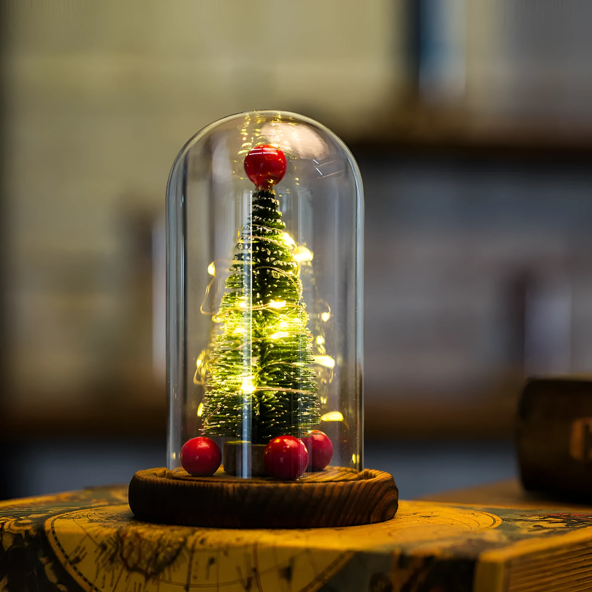 Green glass-cover Christmas tree LED light on USB base with simulation pine interior