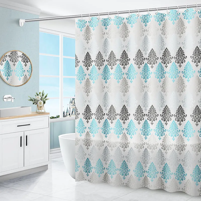 PEVA shower curtain with stainless steel buttonholes in a geometric abstract pattern, simple modern style for a bathroom.