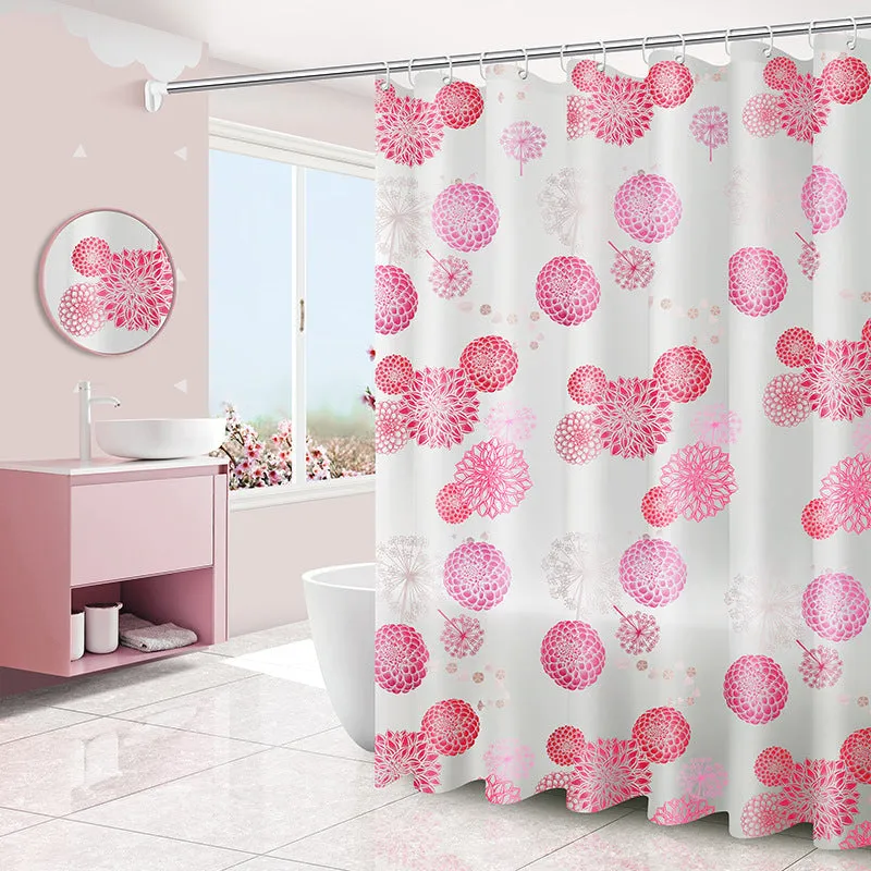 PEVA shower curtain with stainless steel buttonholes in a geometric abstract pattern, simple modern style for a bathroom.