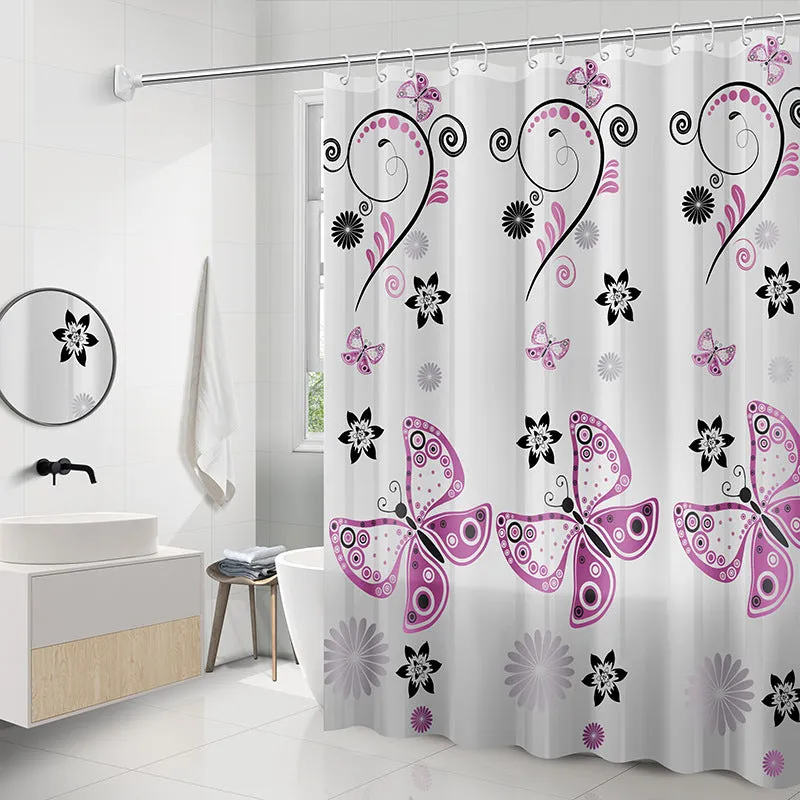PEVA shower curtain with stainless steel buttonholes in a geometric abstract pattern, simple modern style for a bathroom.