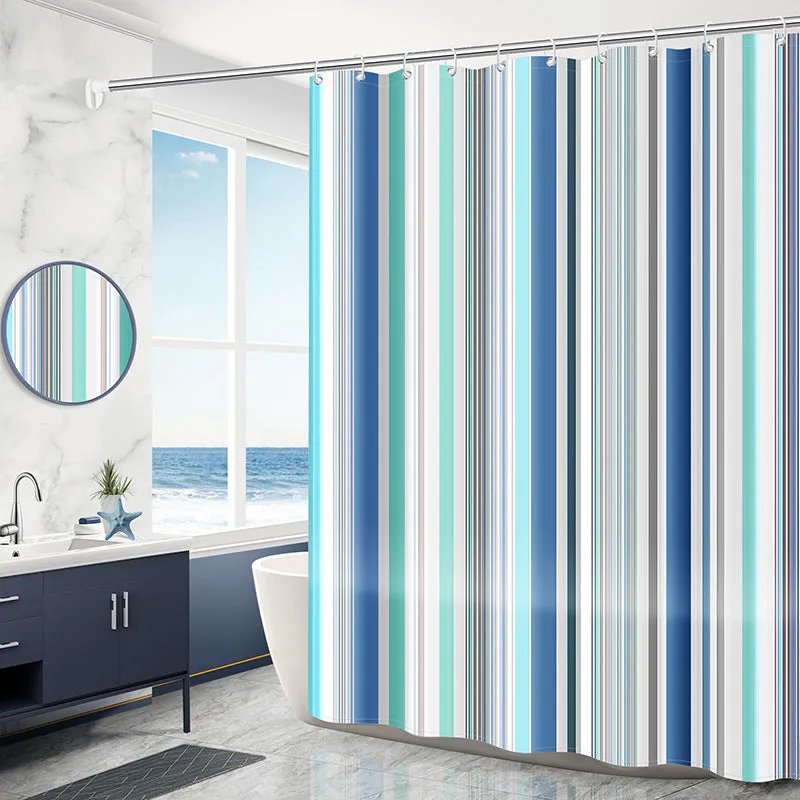 PEVA shower curtain with stainless steel buttonholes in a geometric abstract pattern, simple modern style for a bathroom.