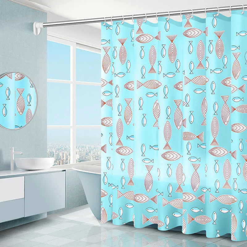 PEVA shower curtain with stainless steel buttonholes in a geometric abstract pattern, simple modern style for a bathroom.