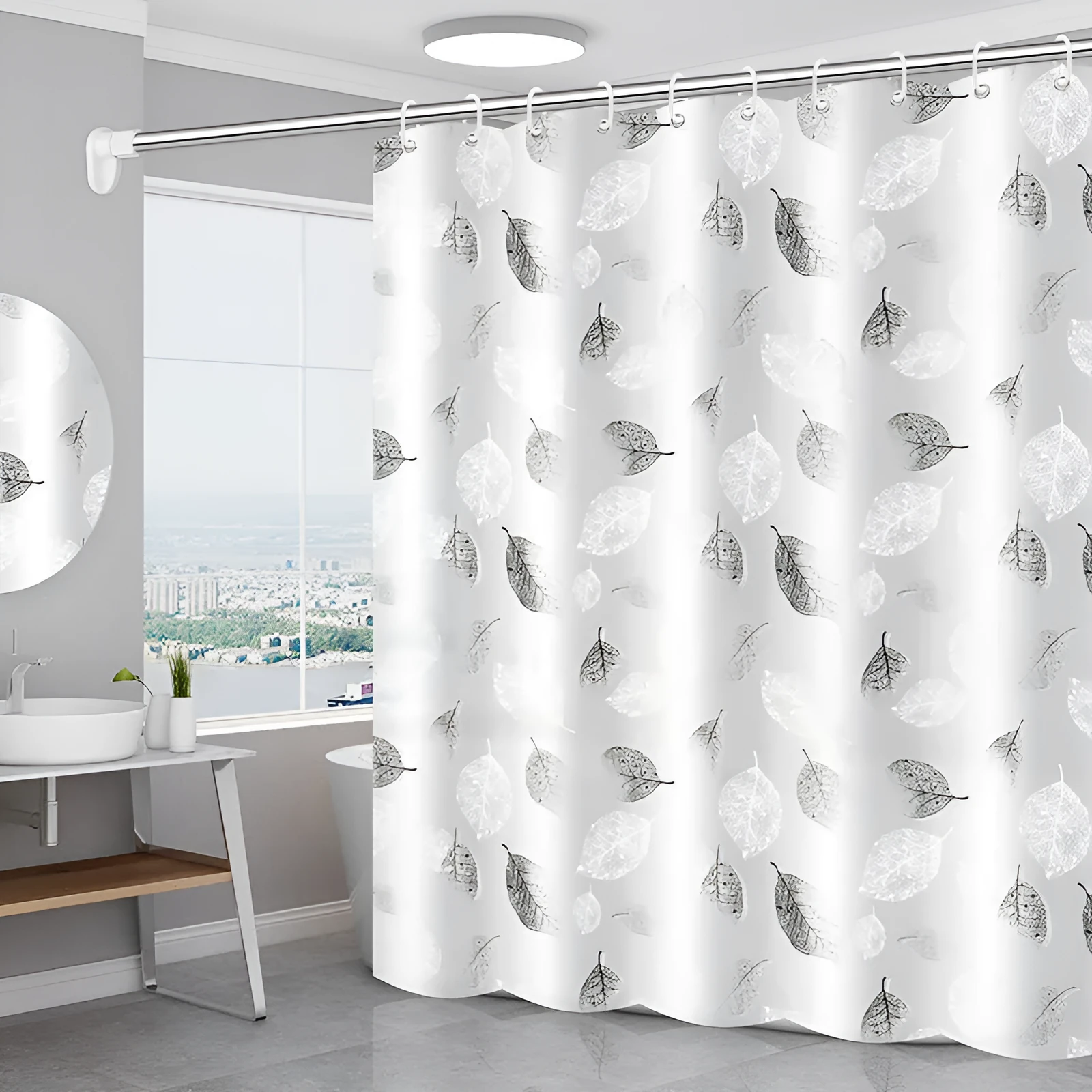 PEVA shower curtain with stainless steel buttonholes in a geometric abstract pattern, simple modern style for a bathroom.