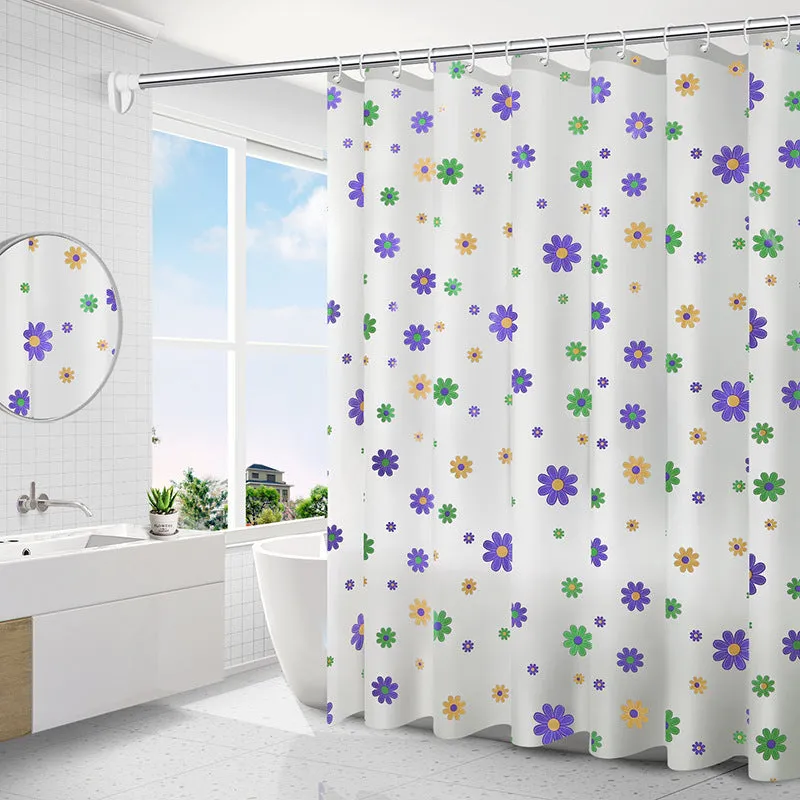 PEVA shower curtain with stainless steel buttonholes in a geometric abstract pattern, simple modern style for a bathroom.