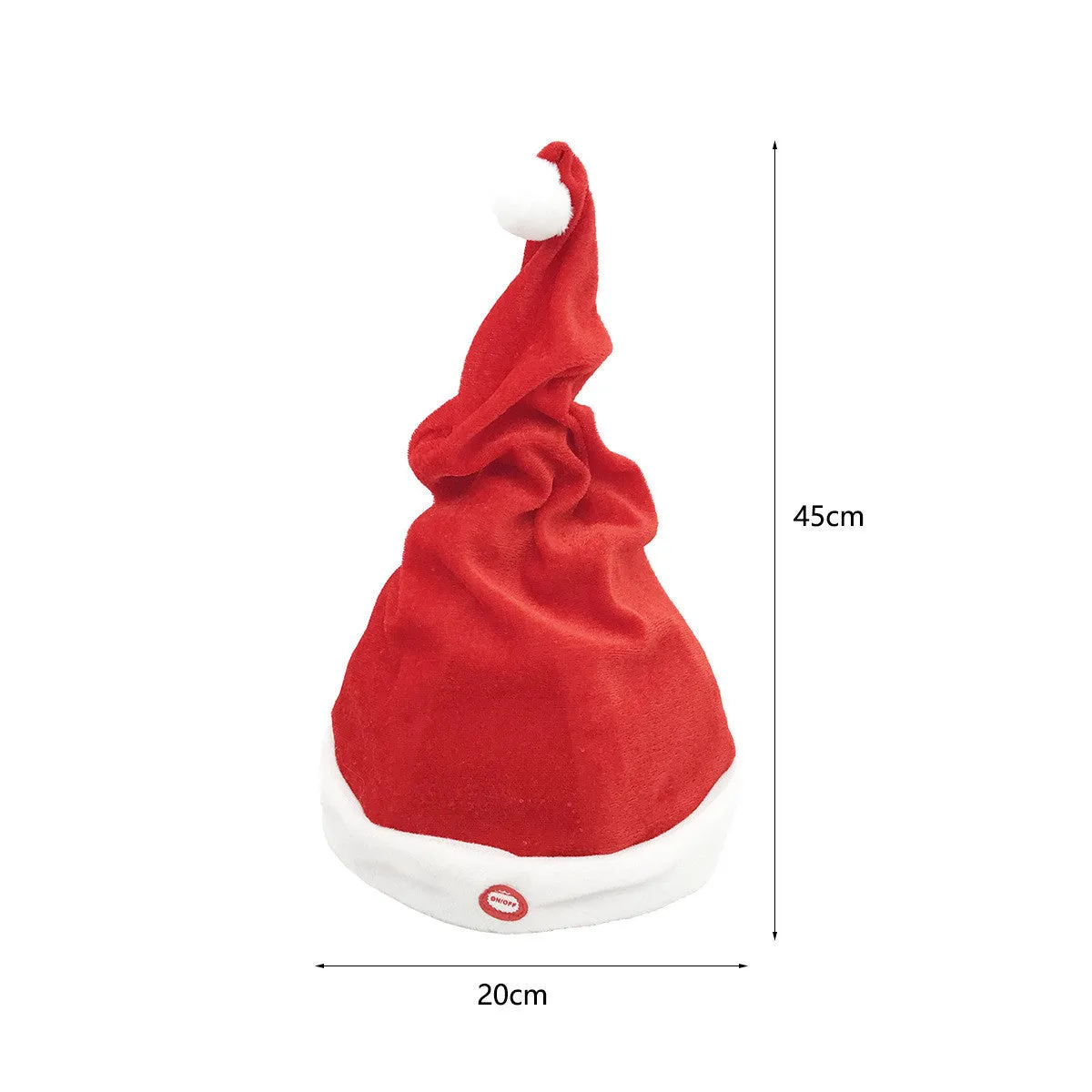 Red plush Christmas hat with battery-powered music and swing feature, available in long or short fluff
