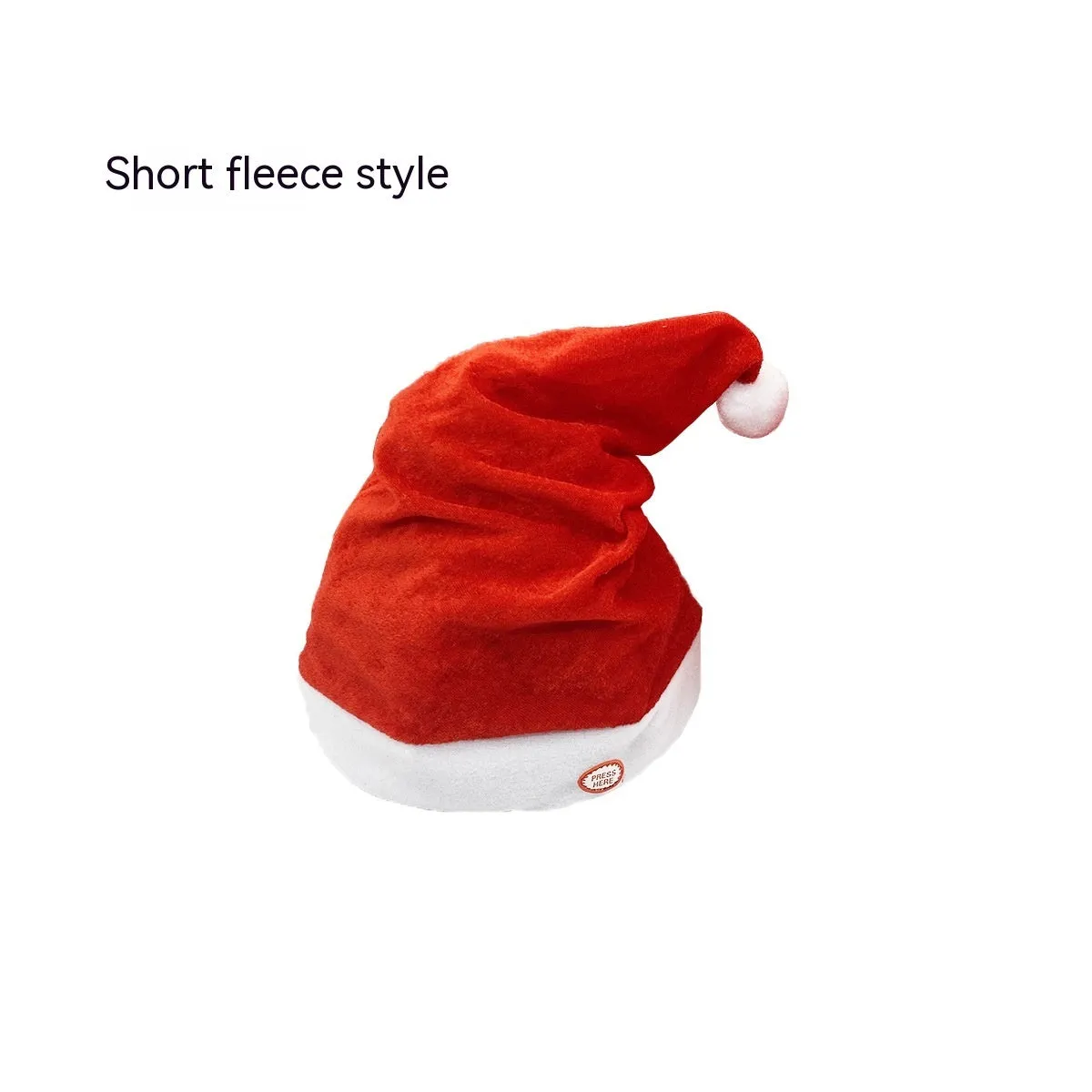 Red plush Christmas hat with battery-powered music and swing feature, available in long or short fluff