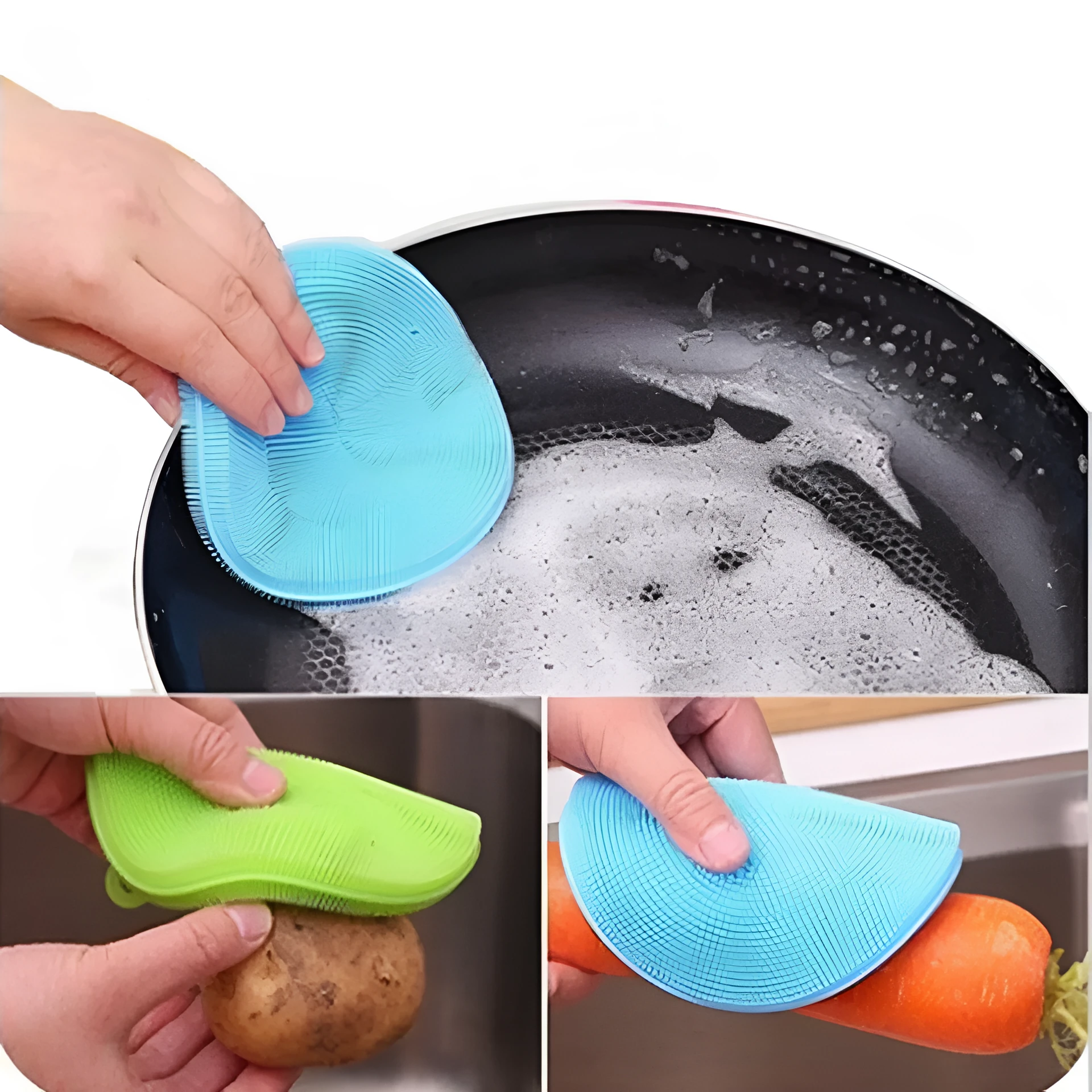 Set of silicone dishwasher cleaning brushes in assorted colours, 115mm diameter, heat resistant for kitchen use
